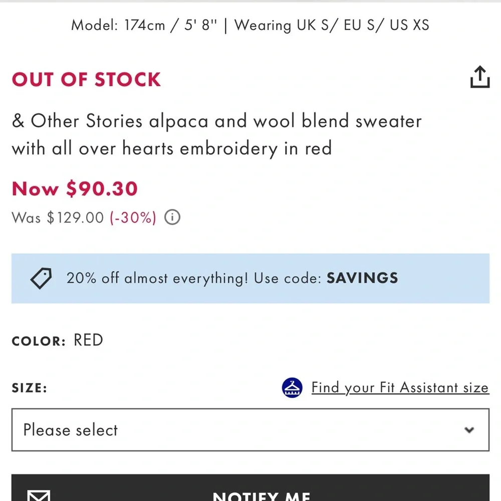 & Other Stories Women’s Red Heart Embroidered Mock Neck Jumper Sweater